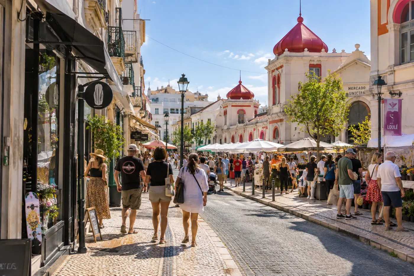 Busy Saturday street beside Loulé Municipal Market, next to SoundBunker and The Hub Culture